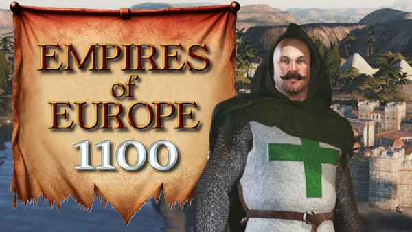 Empires of Europe 1100 logo with Knight of St Lazarus character against Egypt scenery
