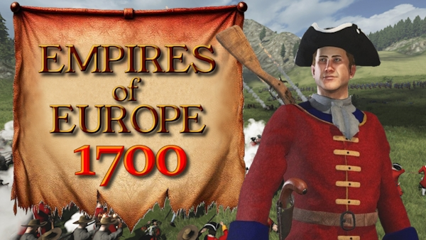 Empires of Europe 1700 logo with in-game shots of British redcoat character set against a battle backdrop
