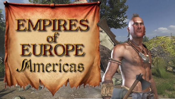 Empires of Europe Americas logo with Iroquois native American character against in-game scene
