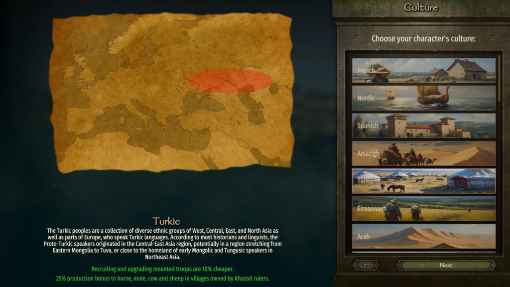 screenshot of culture options available to players in game