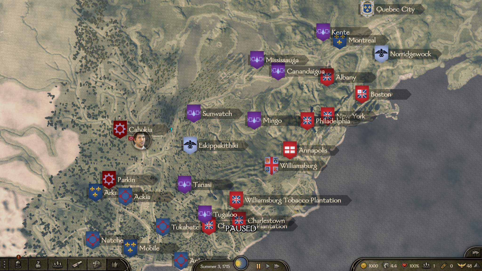 Snippet of Empires of Europe America map showing section including Cahokia