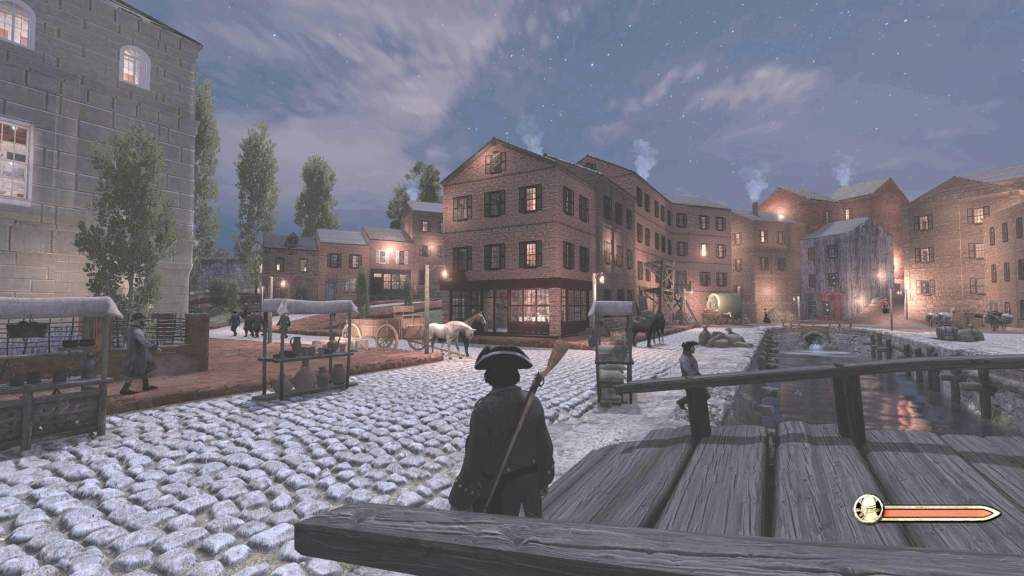 Screenshot of Empires of Europe 1700 player character exploring European town at night